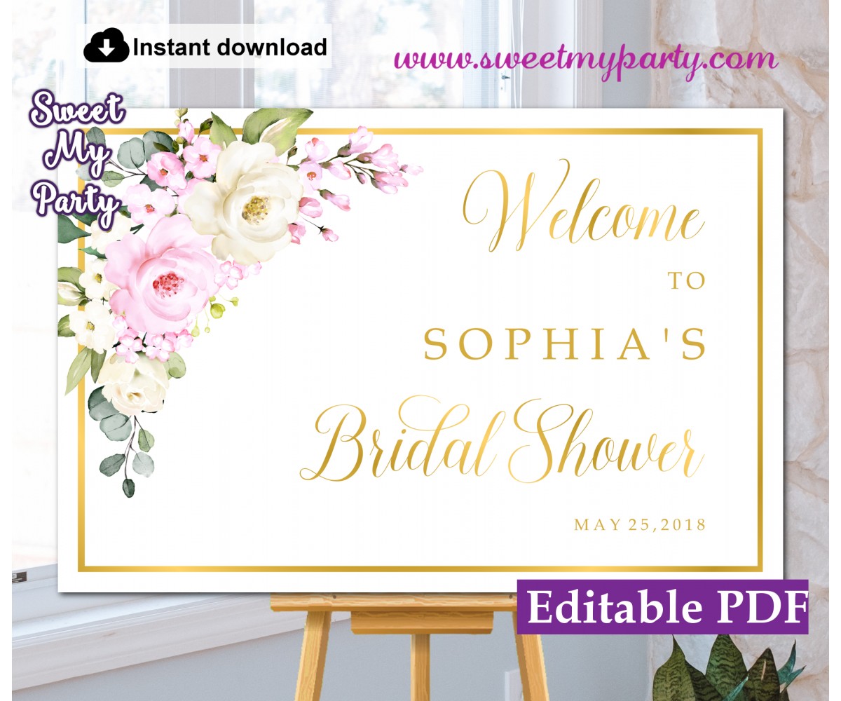 Cream pink roses Bridal Shower welcome sign template,Bridal Shower welcome sign,(135a)